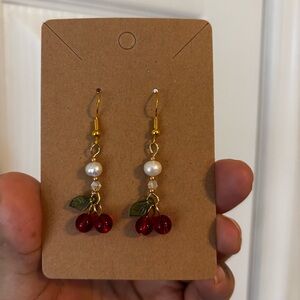 Charming Gold and Red Cherry Pearl Earrings